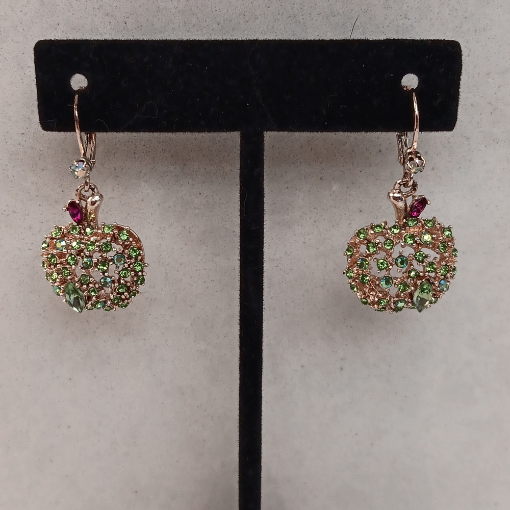 Betsey Johnson "Apple"Motif dangle Earrings embellished with green rhinestones
